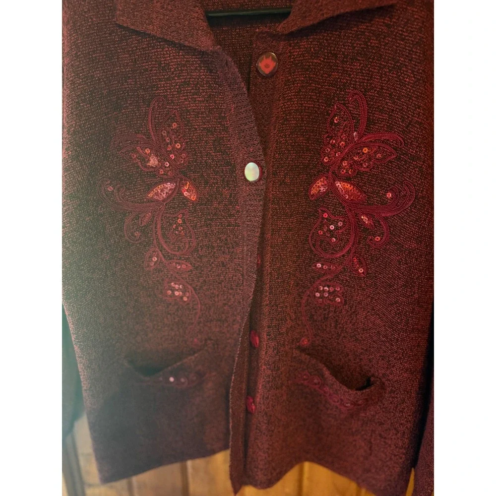 T C Fashion Red Knit Cardigan Sequined Embellished‎ Button Down Pockets Size M